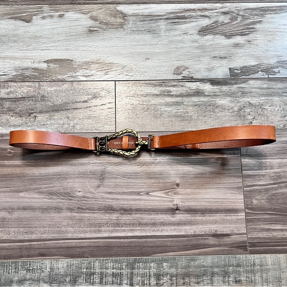 Chicos Italian Leather Brass Tone Waist Belt Size S/M Adjustable Hook Gemstones - Picture 2 of 16